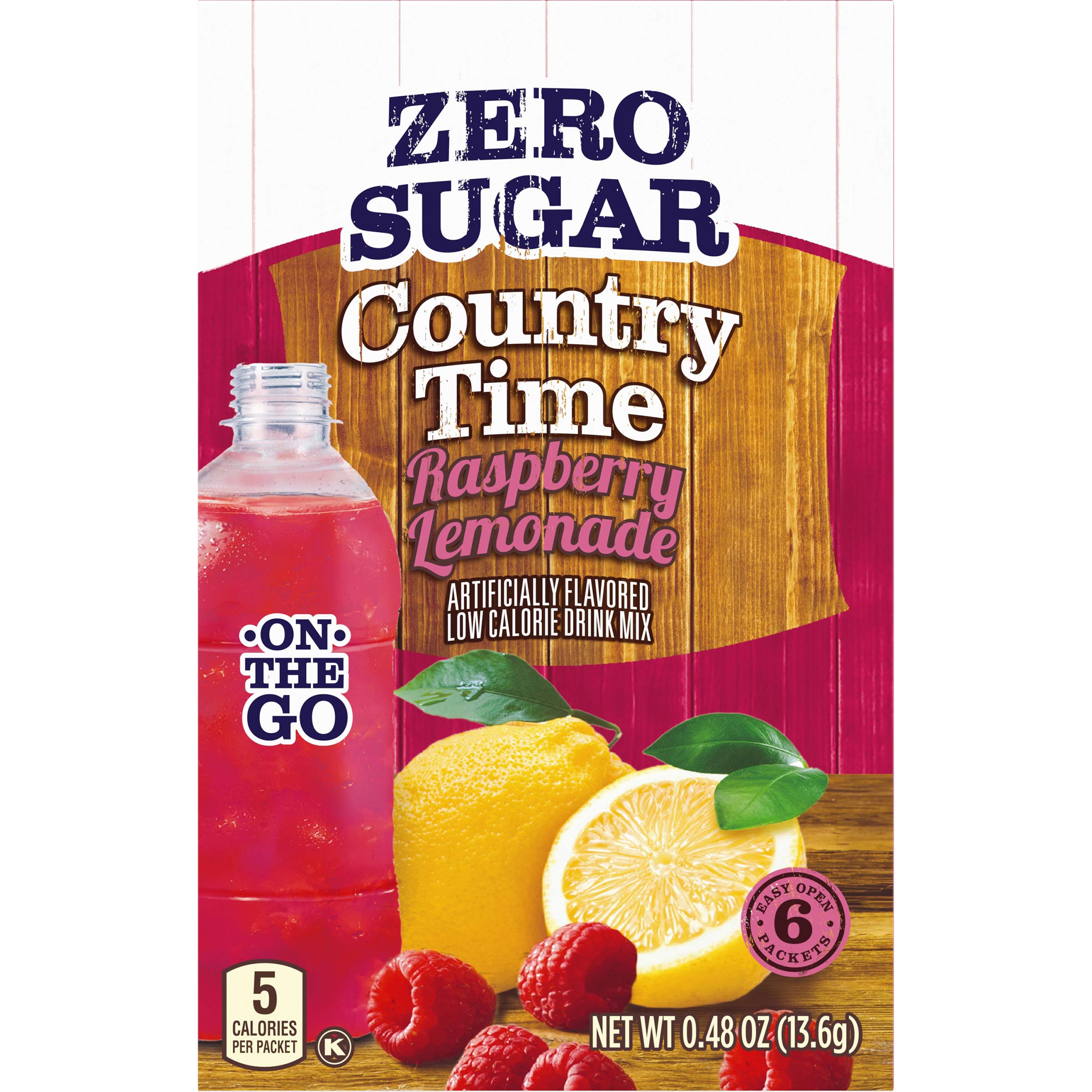 Country Time front packaging showing 72 sugar-free raspberry lemonade packets and benefits