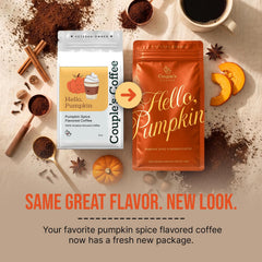 Couple's Coffee label detail highlighting pumpkin spice flavor and charity support