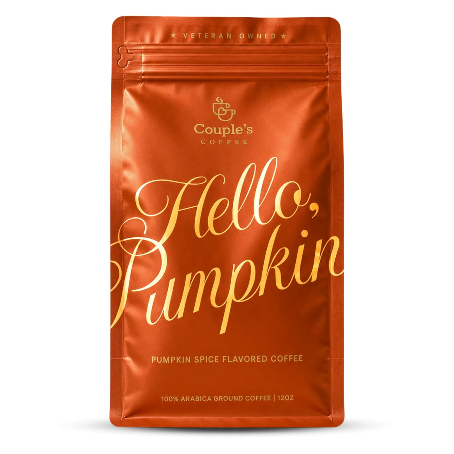 Couple's Coffee front packaging showing 12 oz pumpkin spice bag and brand