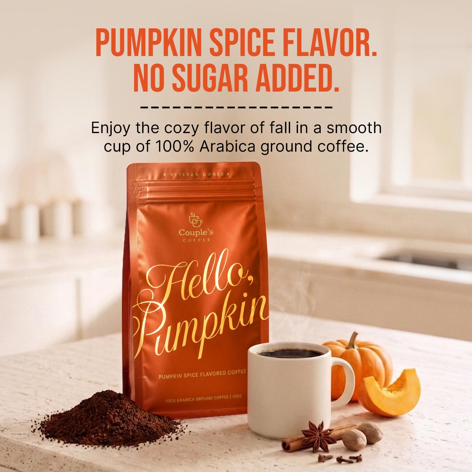 Measuring scoop of Couple's Coffee grounds illustrating portion guidance