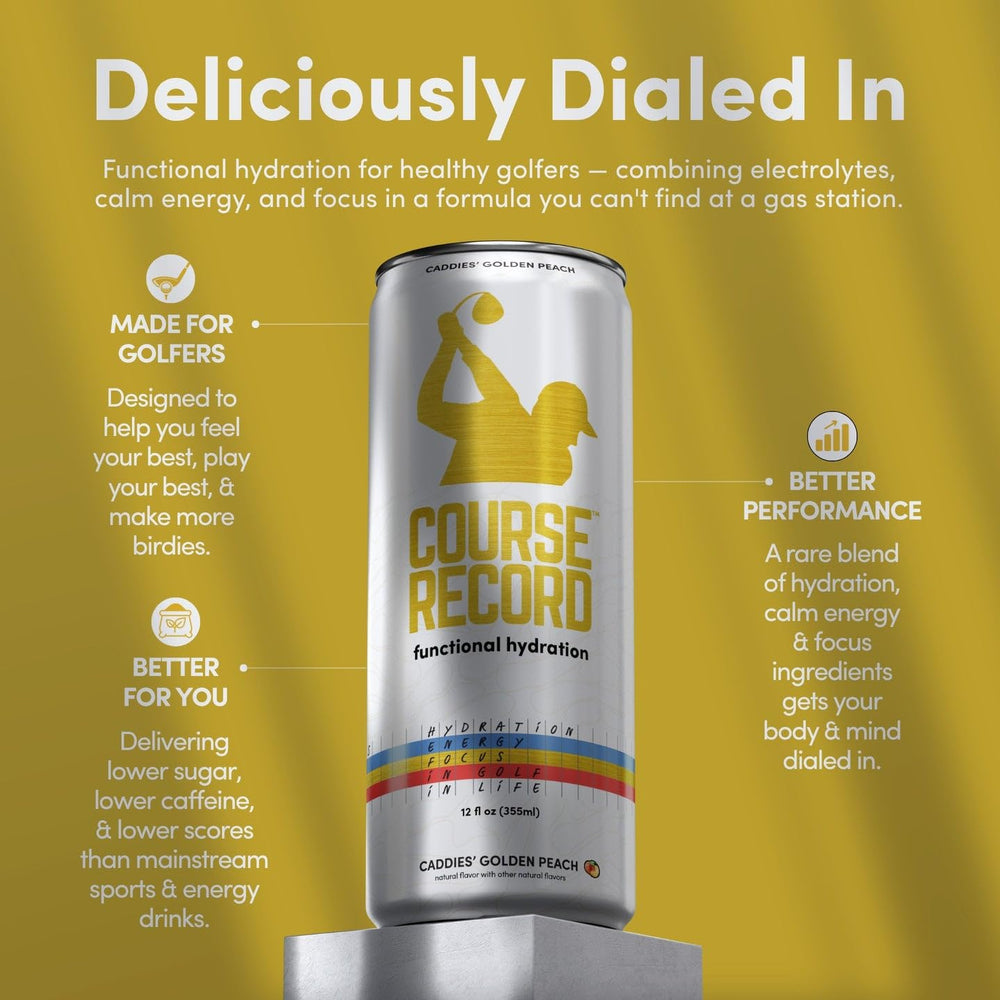 COURSE RECORD cans inside a golf bag demonstrating on-course portability and ease