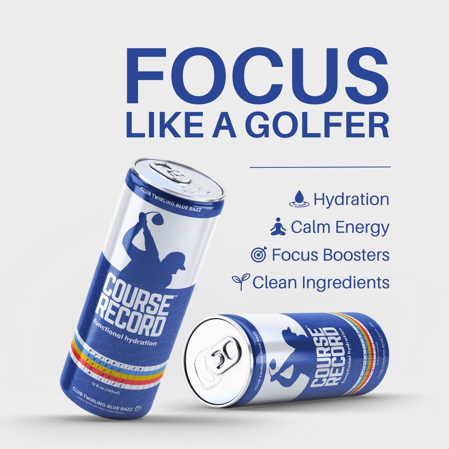 COURSE RECORD cans on a golf cart illustrating on-course convenience and hydration