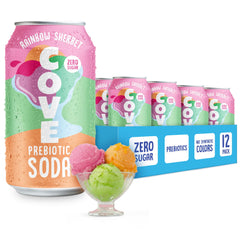 Cove Soda rainbow sherbet front packaging showing colorful cans and branding, inviting refreshment