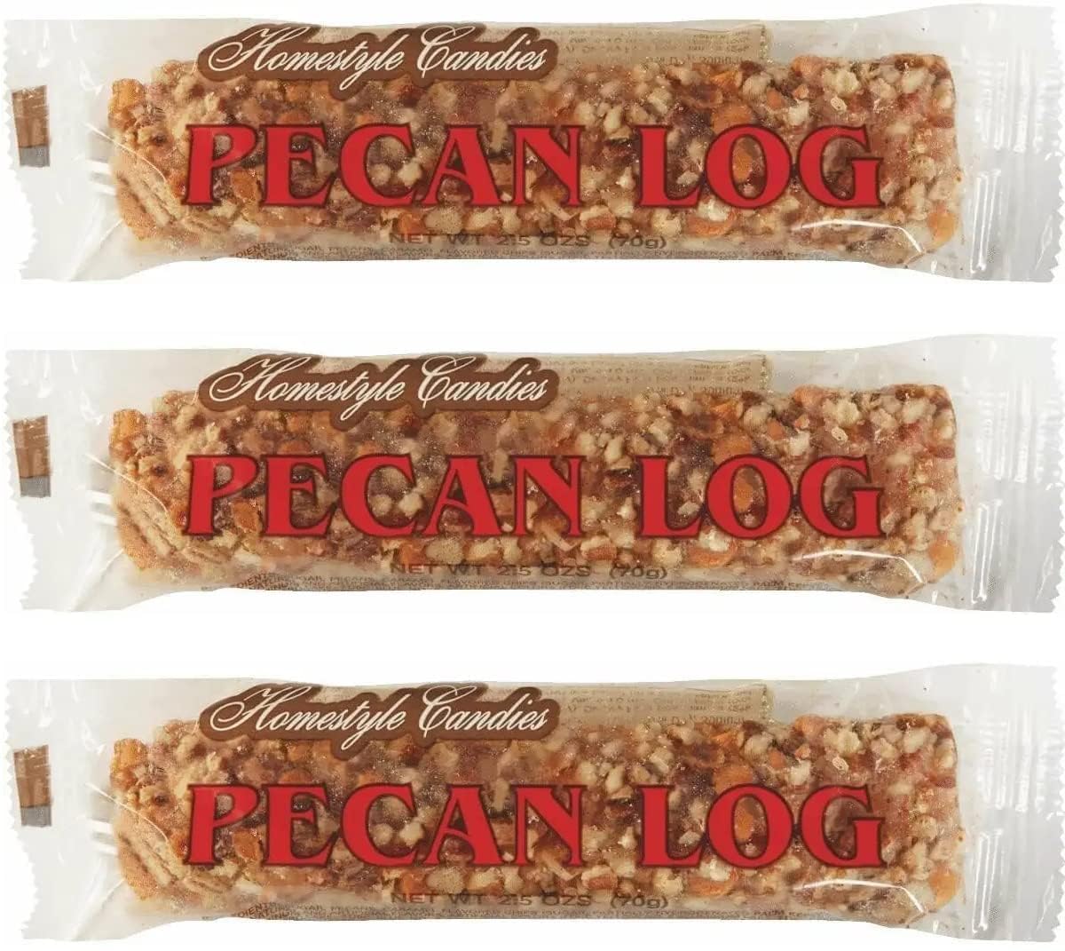 Cozy Confections Crown Candy pecan log front packaging showing nutty texture and convenient bundle