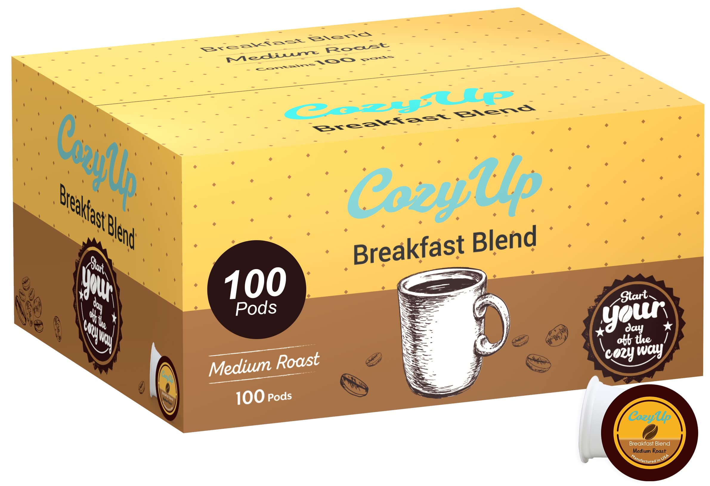 Cozy Up front packaging showing 100-count and bold breakfast blend benefits