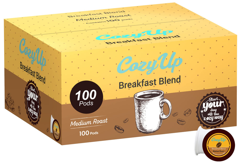Cozy Up front packaging showing 100-count and bold breakfast blend benefits