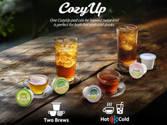 Freshly brewed Cozy Up green tea cup steam rising, delivering quick hot beverage benefit