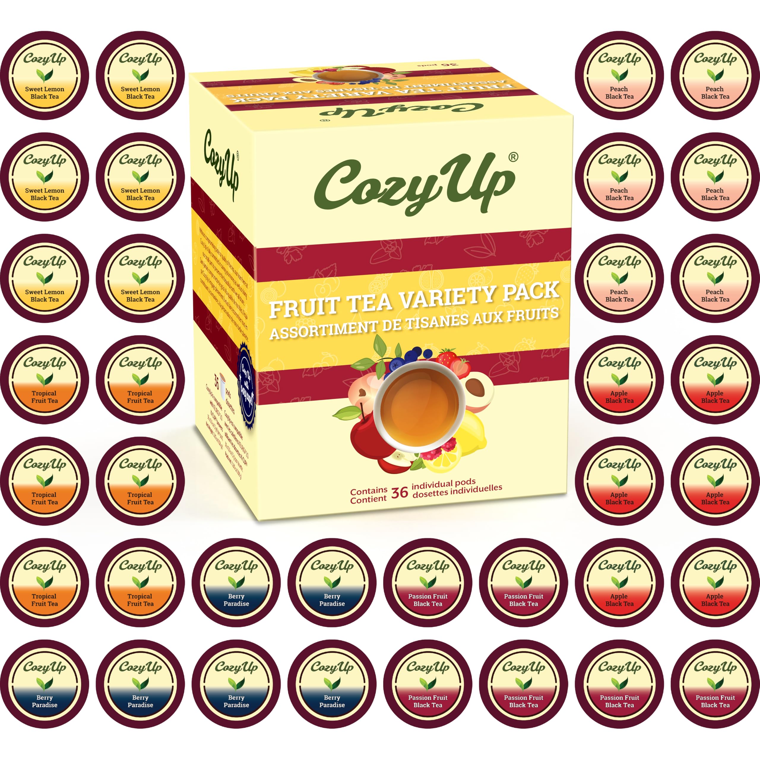 Cozy Up front packaging showing 36-count assortment and vibrant fruit art for quick selection