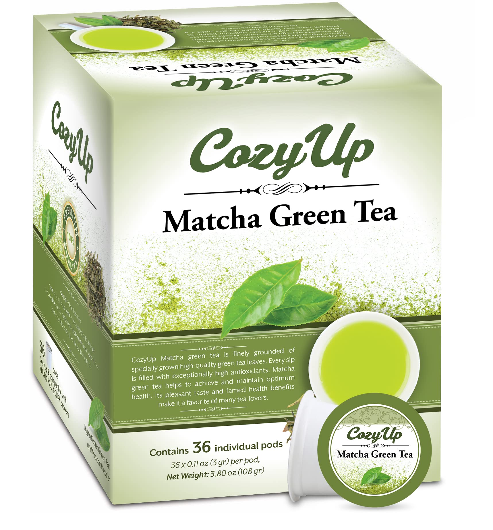 Cozy Up front packaging showing matcha K-Cup box and branding with clear product benefit