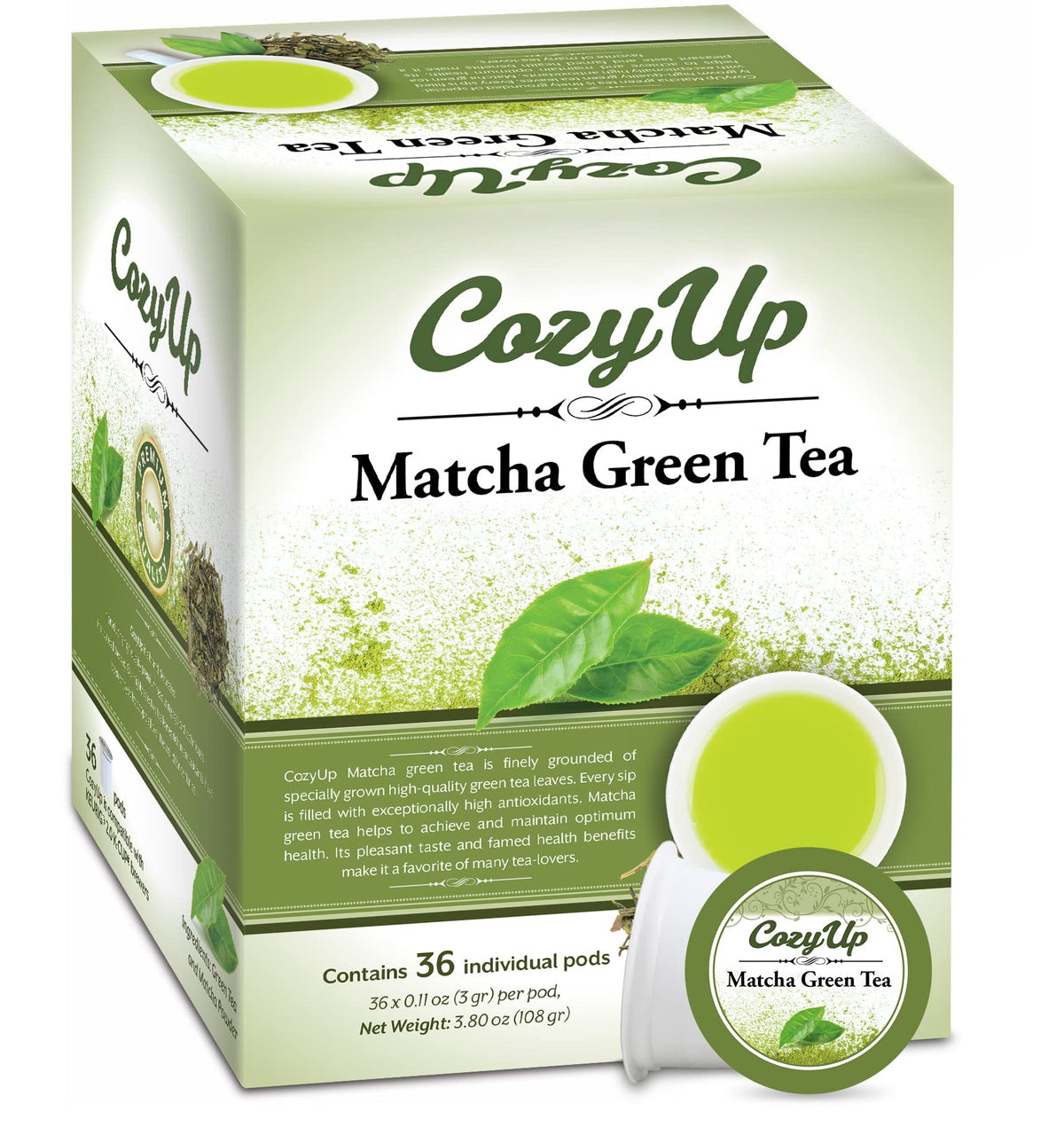 Cozy Up front packaging showing matcha K-Cup box and branding with clear product benefit