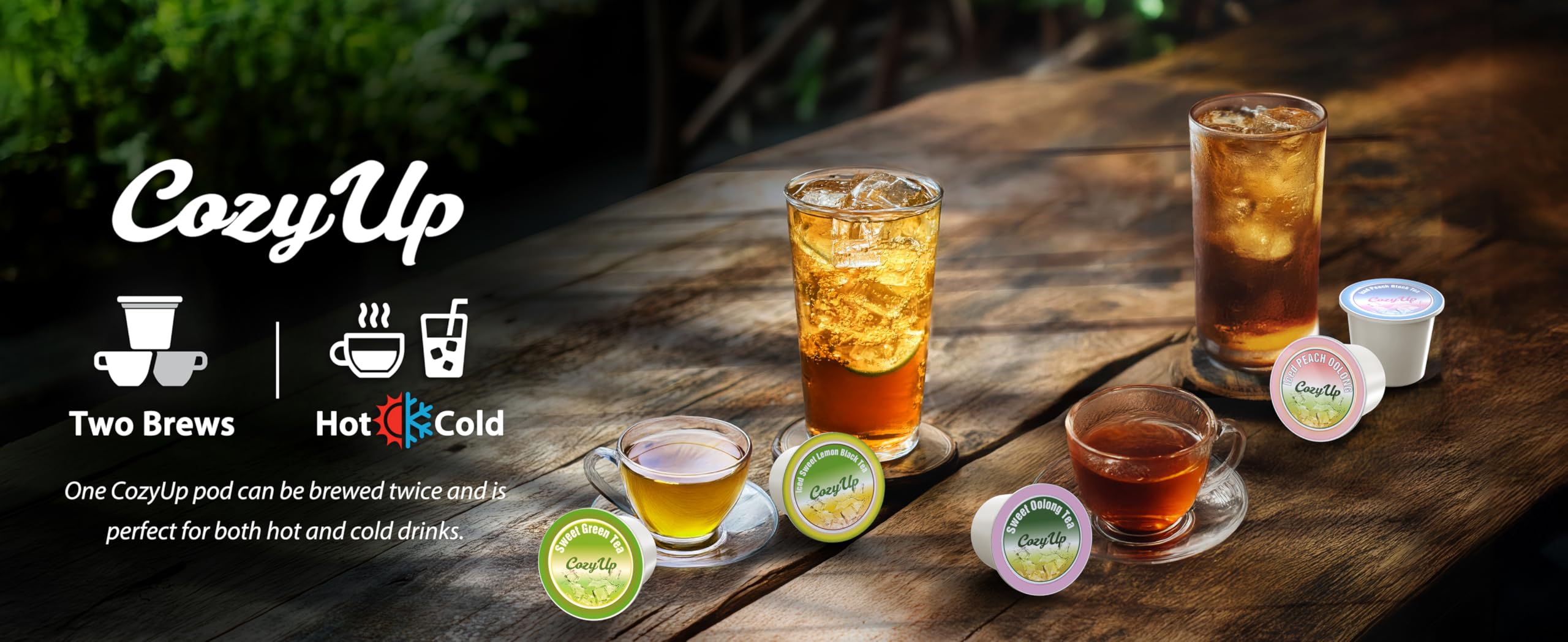 Cozy Up brewed oolong cup top view highlighting clear amber color and aroma