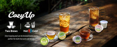 Cozy Up brewed oolong cup top view highlighting clear amber color and aroma