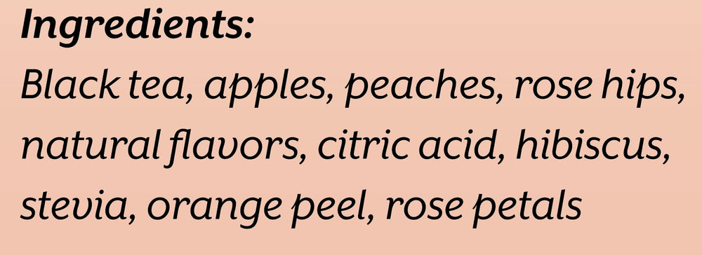 Loose ingredients display with peach, rose hips, hibiscus for Cozy Up natural flavor