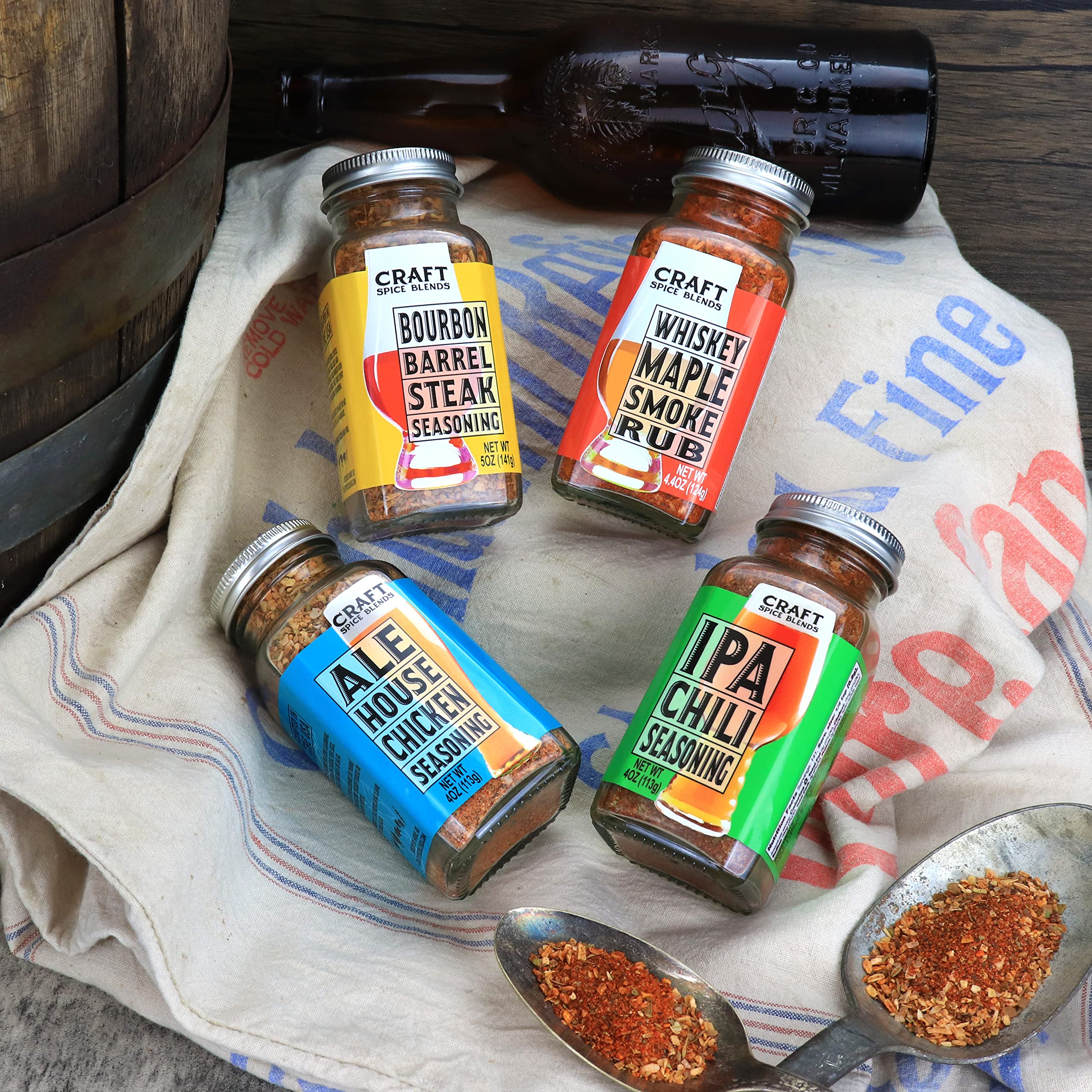 Craft Spice Blends in use on a grill with meat, shows real-world flavor enhancement