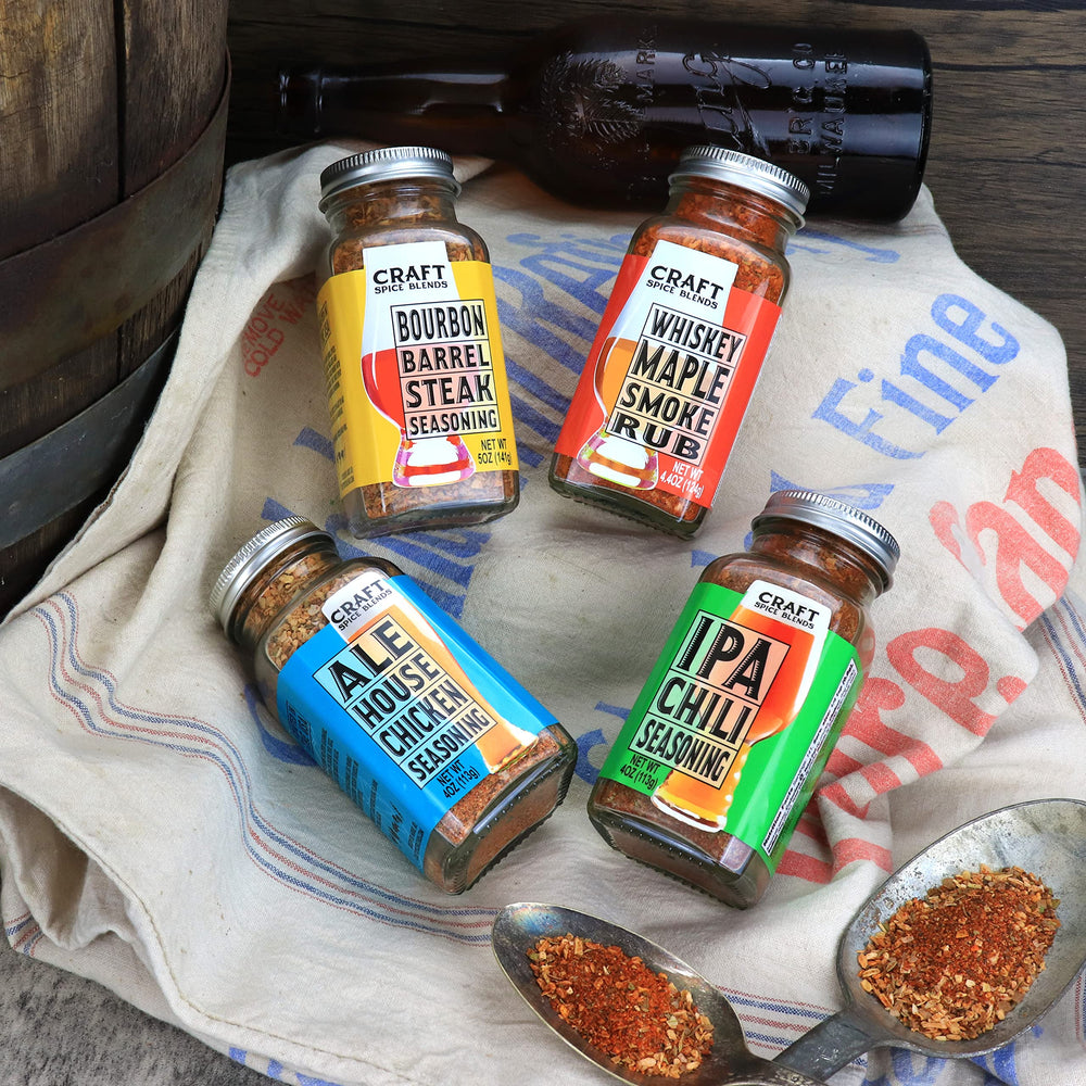 Craft Spice Blends in use on a grill with meat, shows real-world flavor enhancement