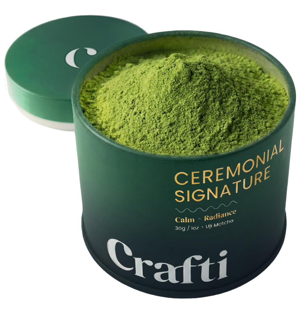 Crafti tin front packaging showing authentic Japanese matcha branding and fresh look