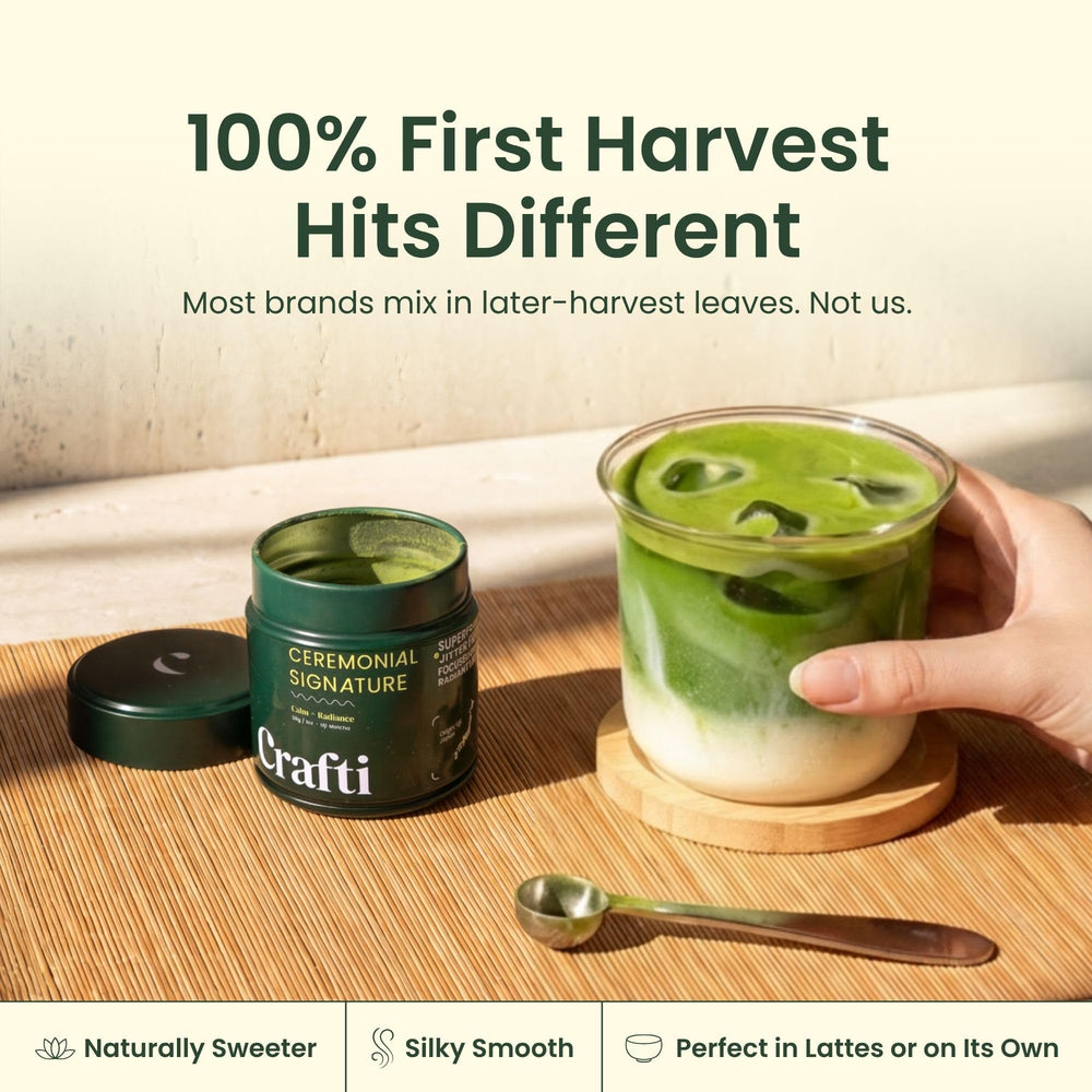 Crafti matcha powder close-up showing vibrant green texture and purity benefit