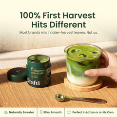 Crafti matcha powder close-up showing vibrant green texture and purity benefit