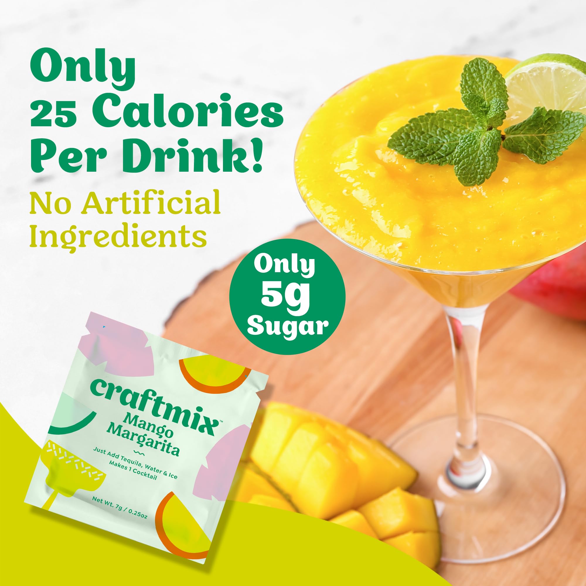 CRAFTMIX ingredient panel close-up listing low-calorie and allergen-free features