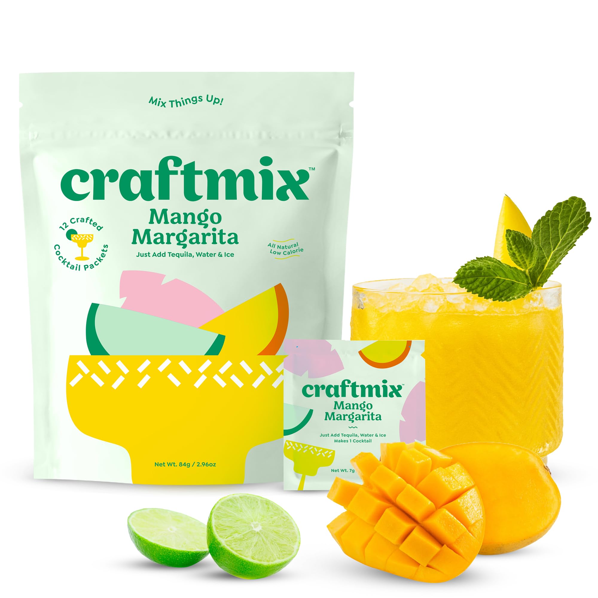 CRAFTMIX front packaging showing 12 mango margarita packets and vibrant branding benefits portability