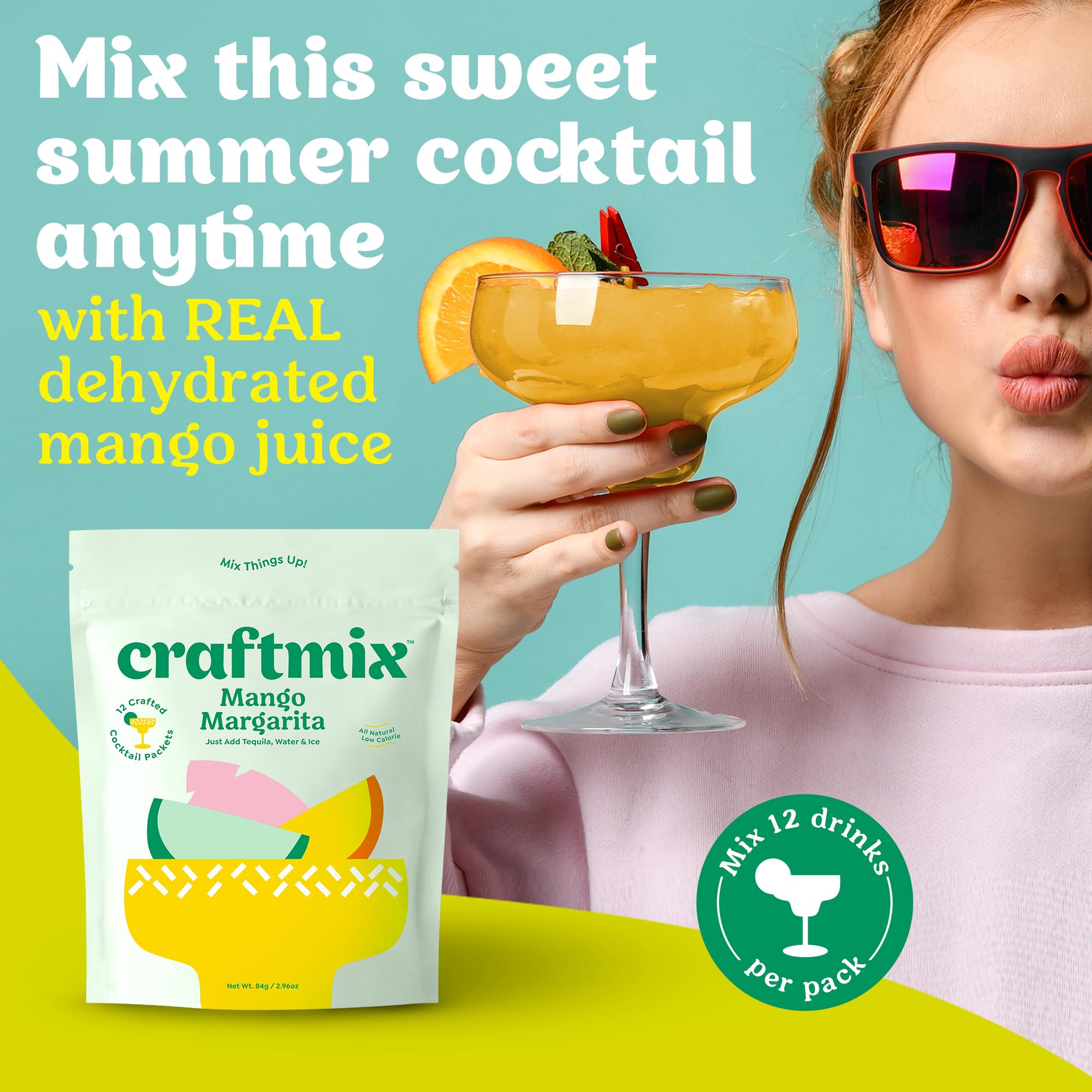 CRAFTMIX pouring mango mix into water demonstrating easy one-packet preparation