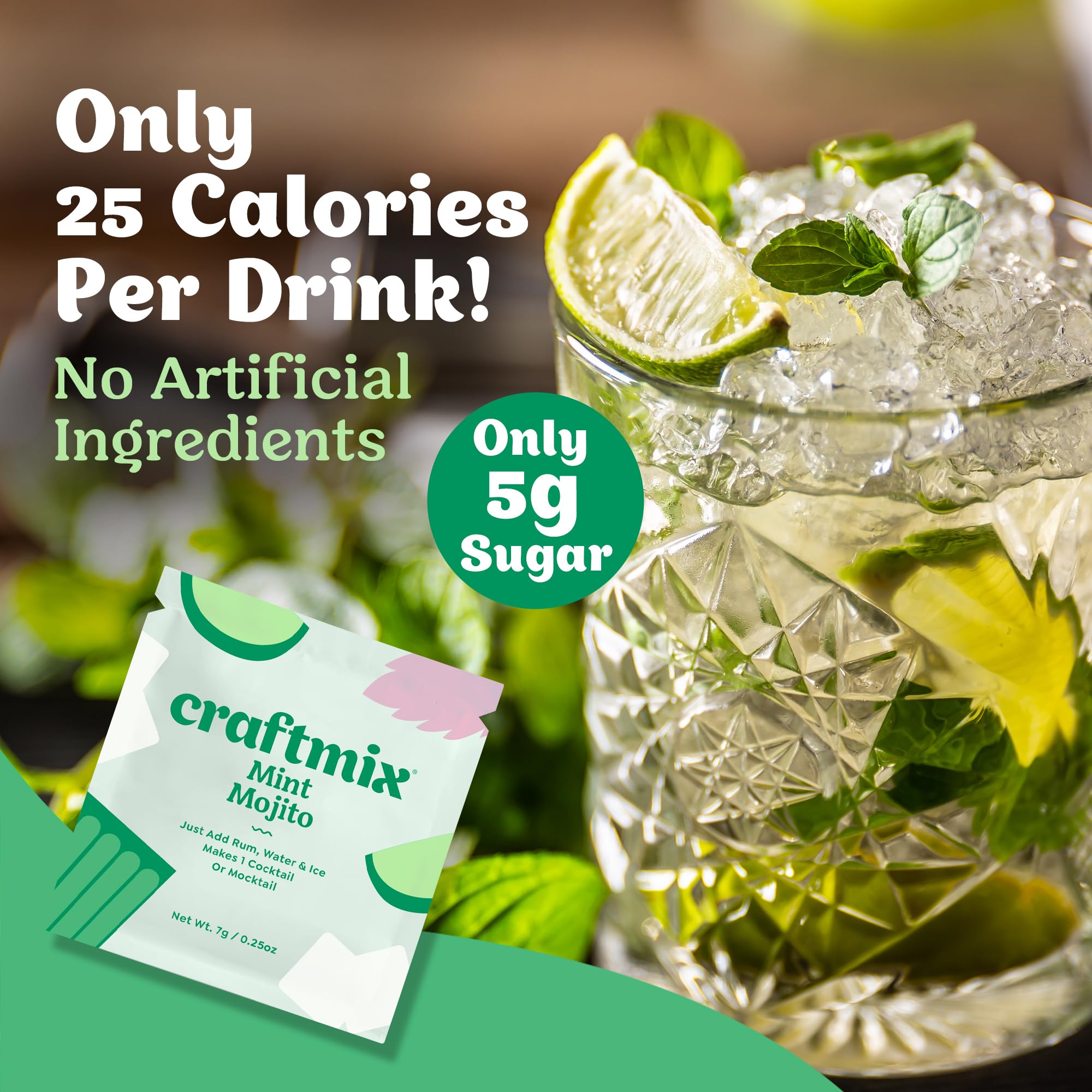 CRAFTMIX mint mojito cocktail over ice garnished with lime showing refreshing result