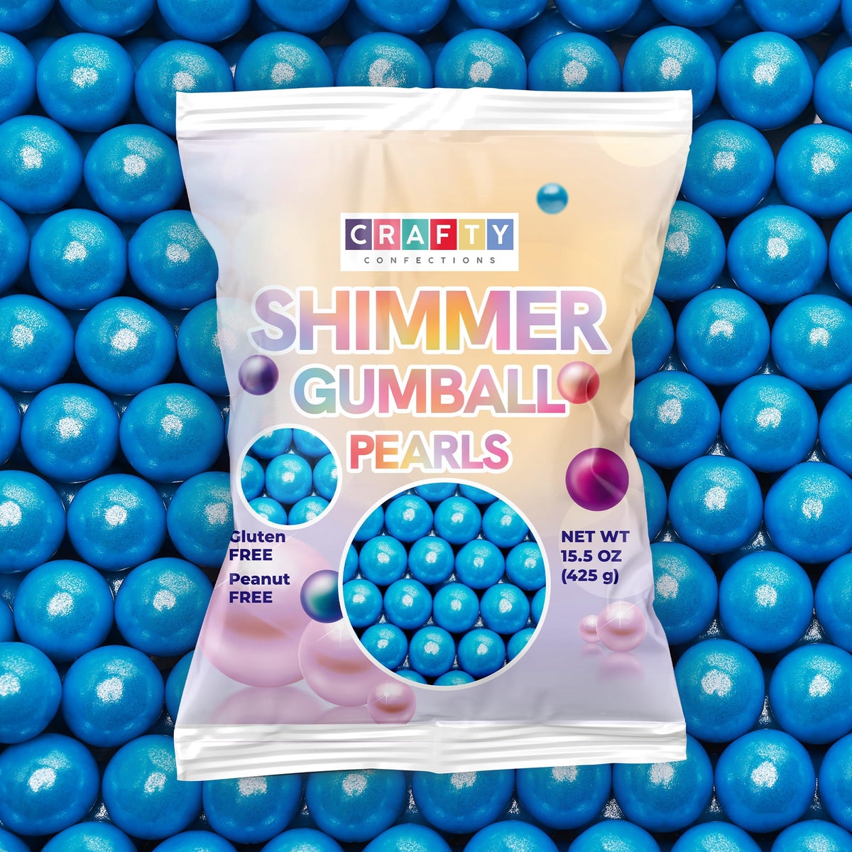 Crafty Confections bag front showing 15 oz shimmer gumballs and bright colors for vending