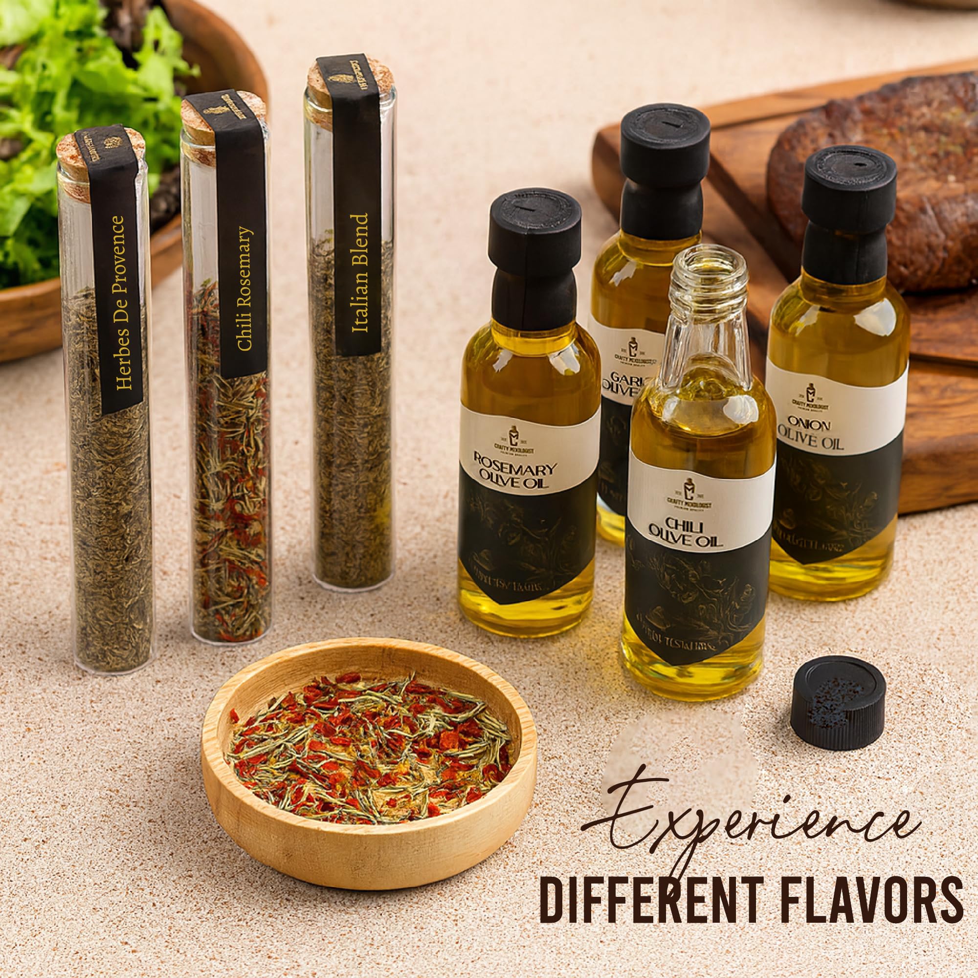 CRAFTY MIXOLOGIST spice tins top view displaying Herbes and blends for pairing