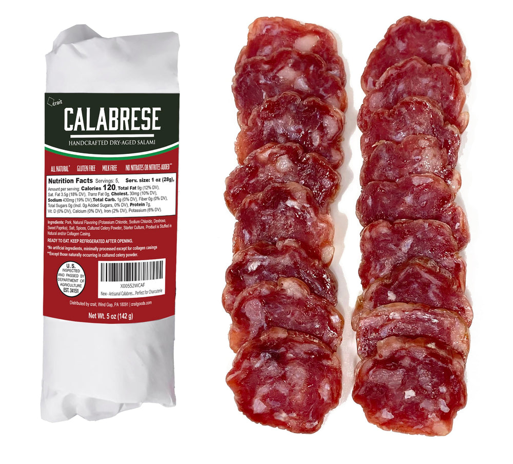 crait front packaging showing 5 oz artisanal Calabrese salami, ready to serve