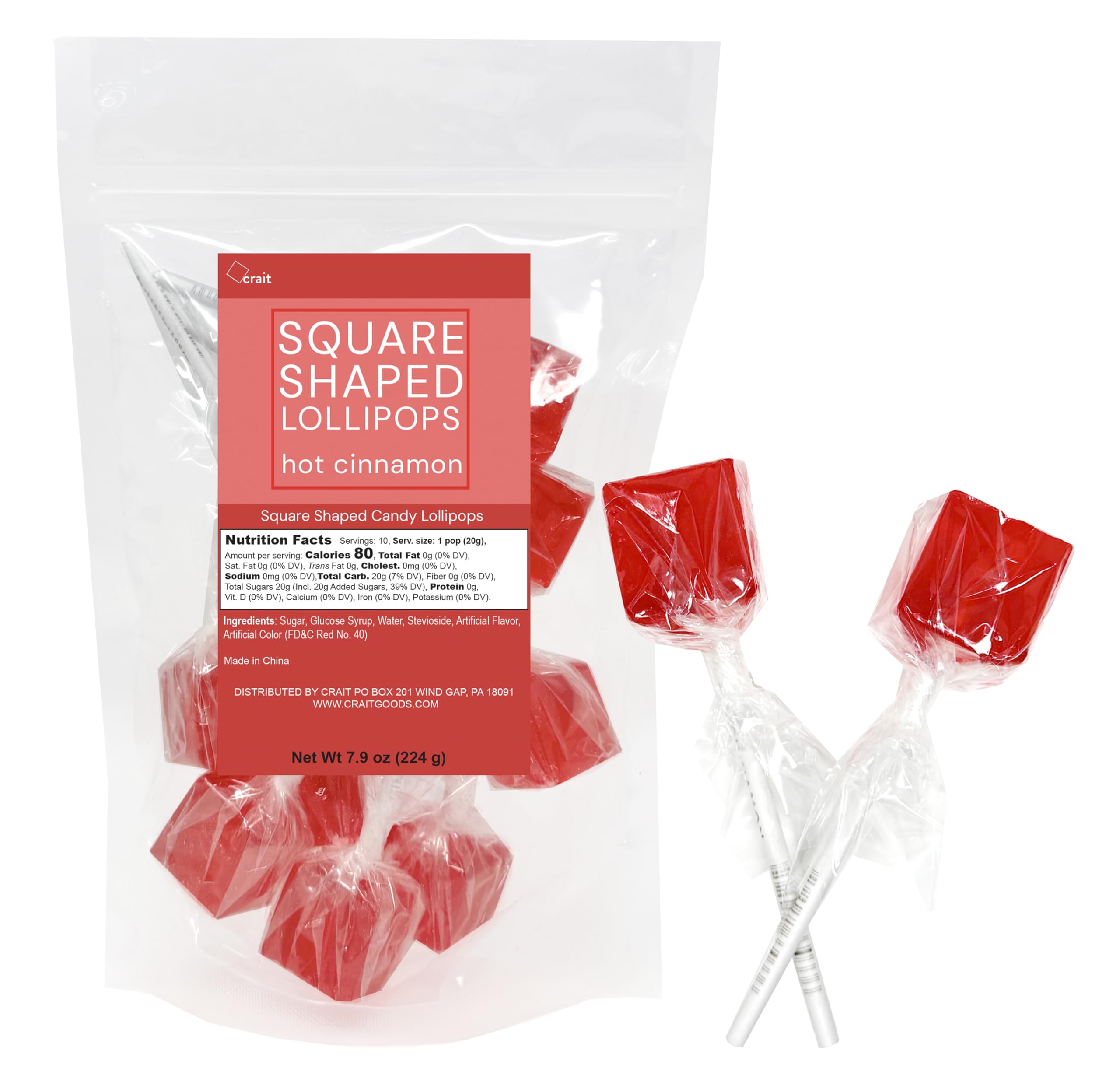 crait front packaging showing ten individually wrapped red square lollipops, ideal for gifts