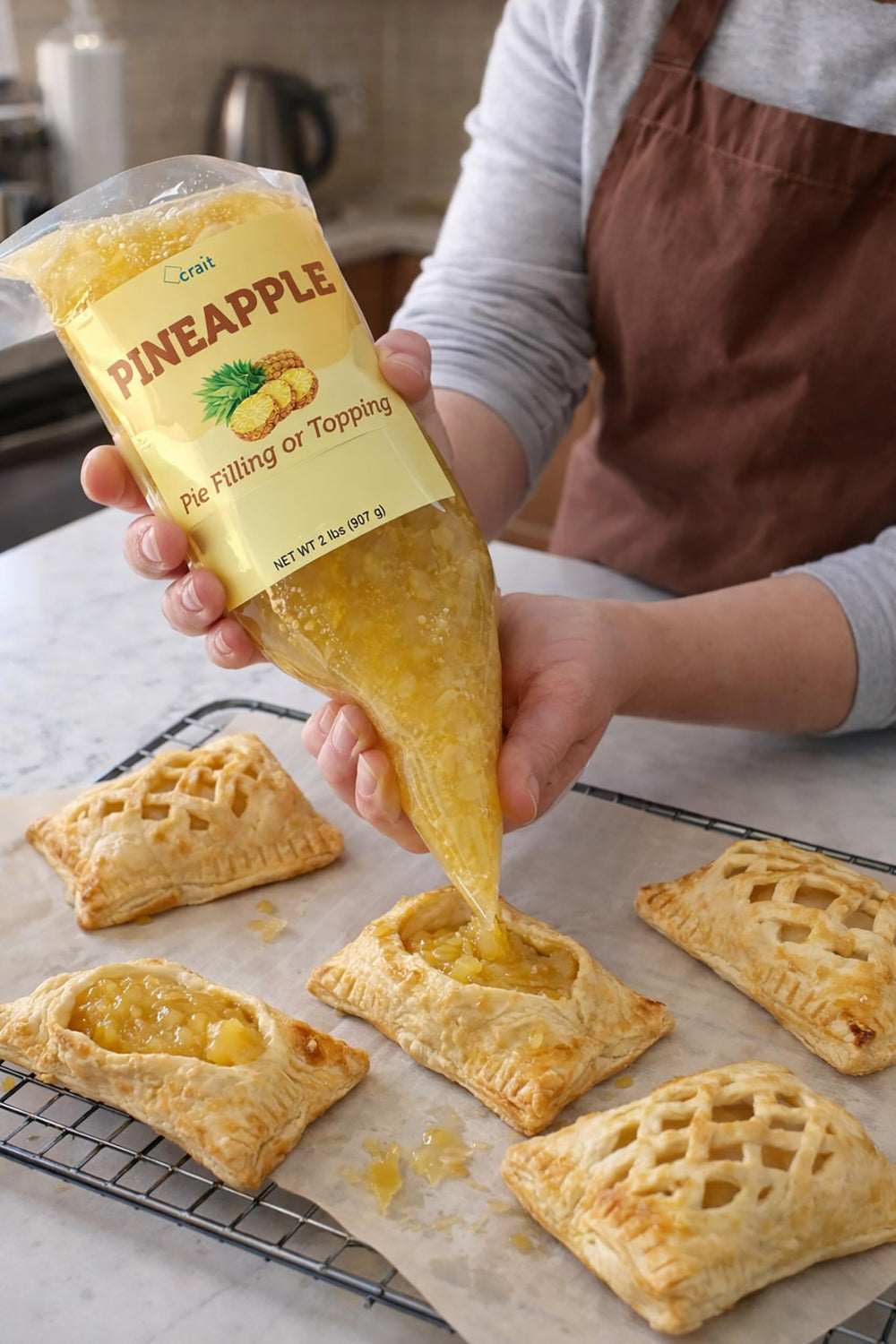 crait squeezing filling onto pie crust demonstrating neat application and time saving