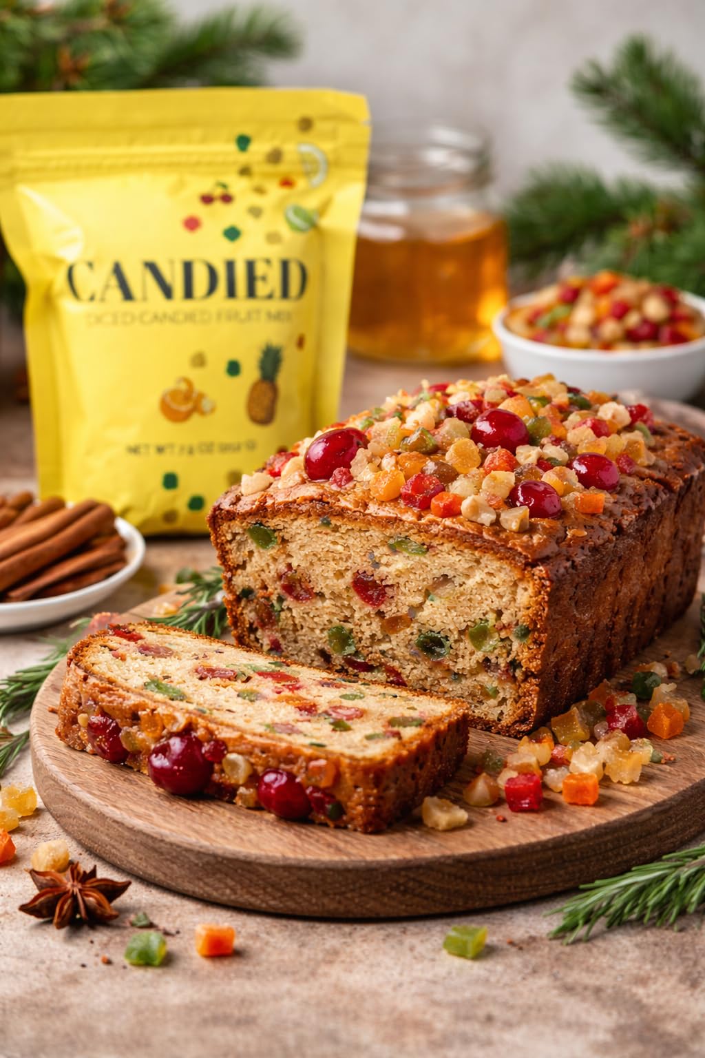 crait candied fruit sprinkled on fruitcake slice improving color and presentation