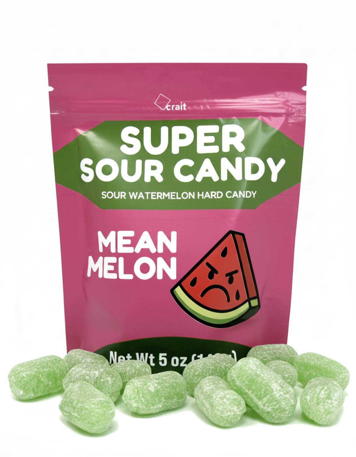 crait front pouch showing resealable bag and bold watermelon branding for freshness
