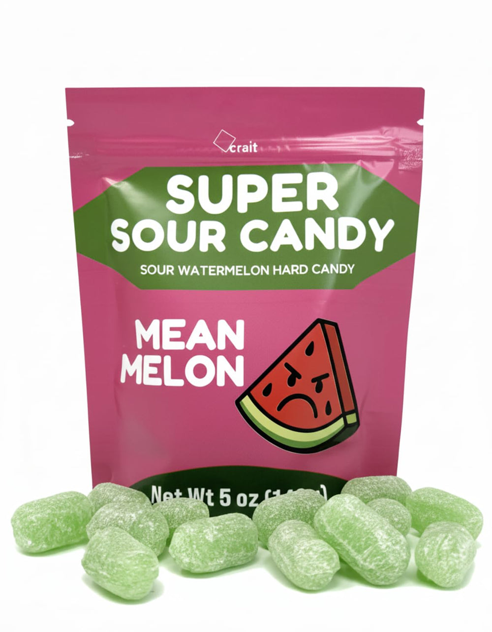 crait front pouch showing resealable bag and bold watermelon branding for freshness