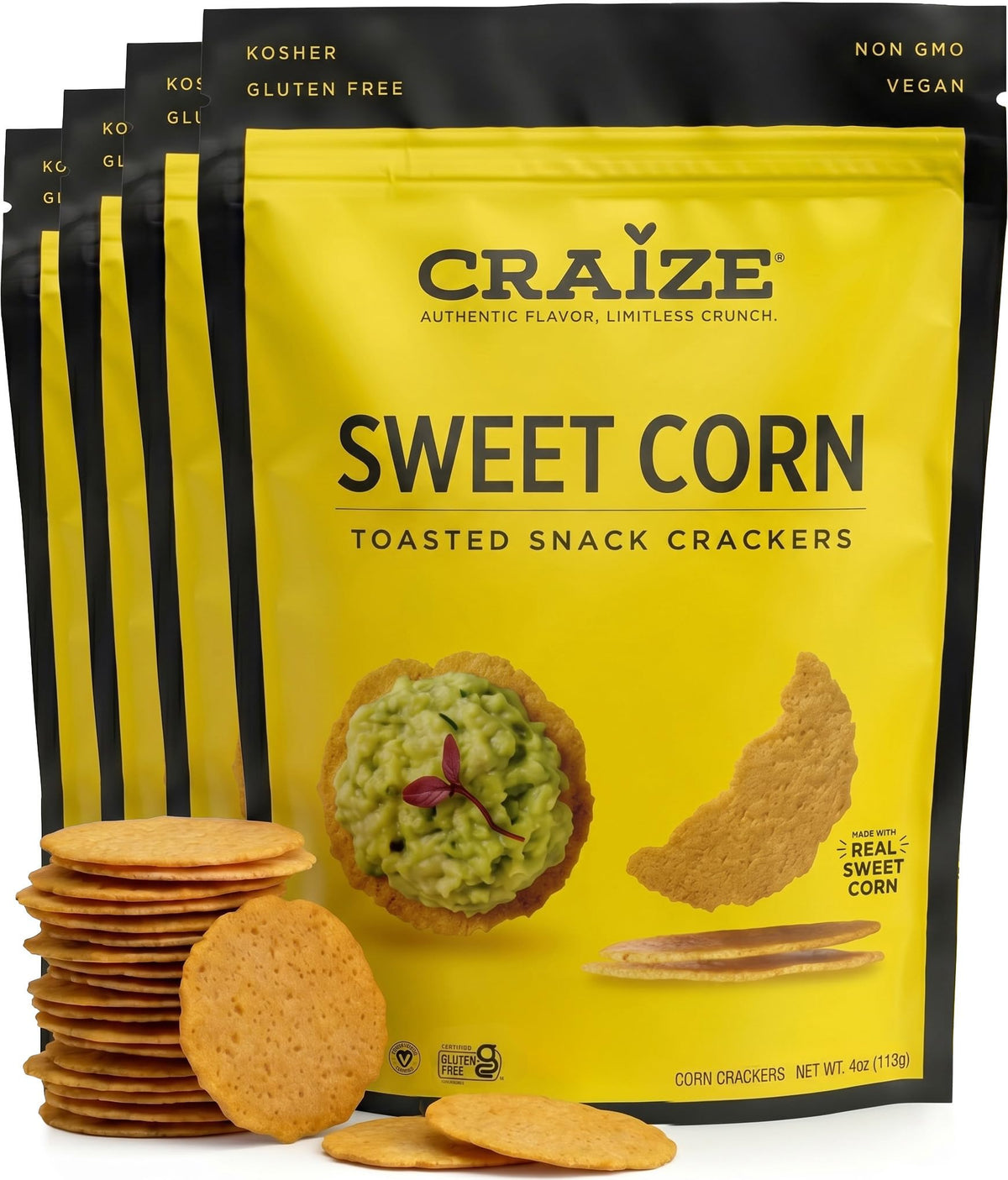 Craize front packaging showing brand and toasted corn crisps for easy identification and appeal