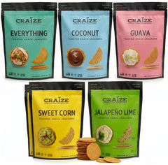 Craize front packs showing six 4 oz bags and bold branding benefit: easy variety