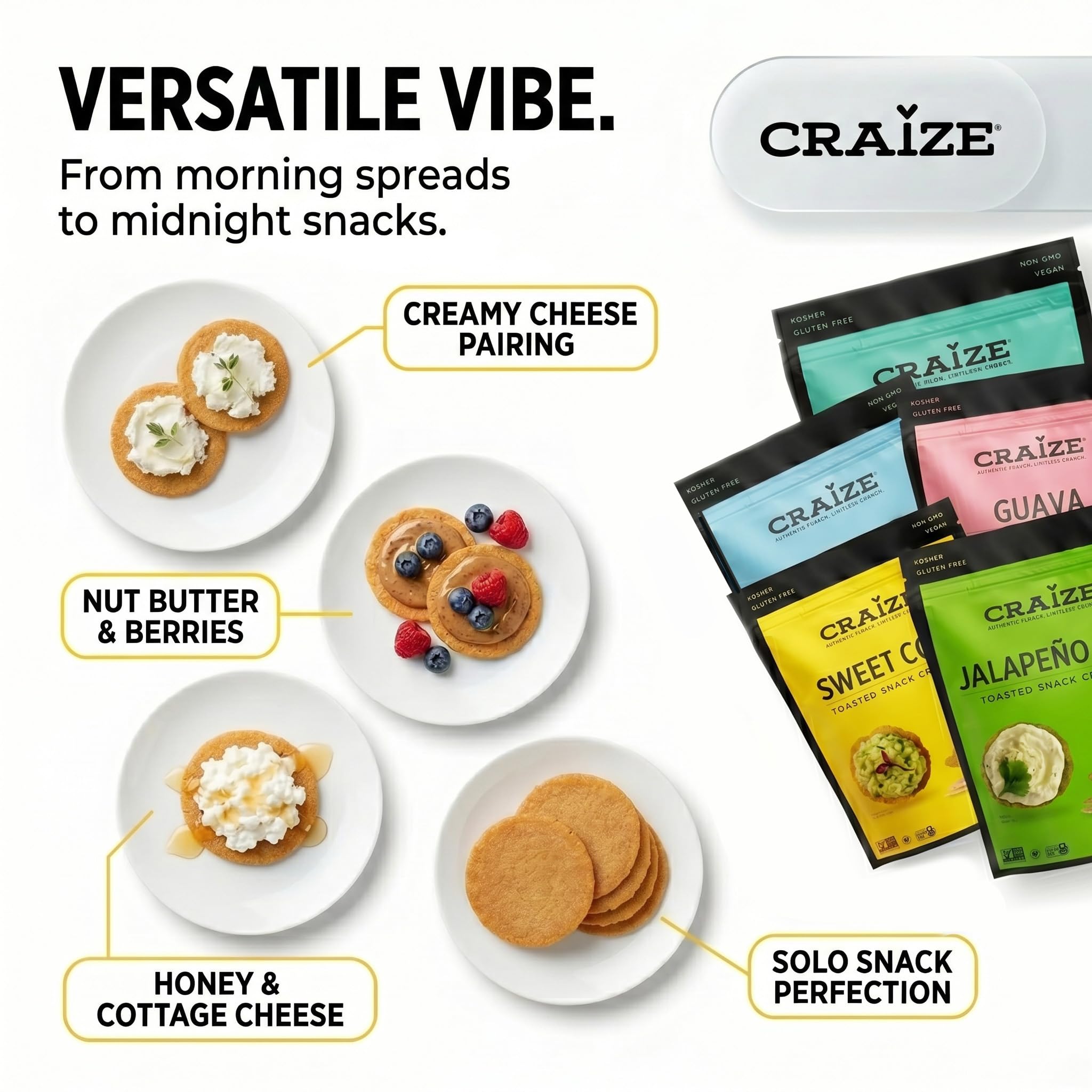 Craize Guava crisps on a cheese board showing brand pairing with soft cheese