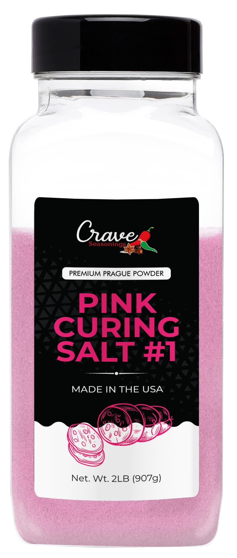 Crave Seasonings front packaging showing jar and clear label for safe curing