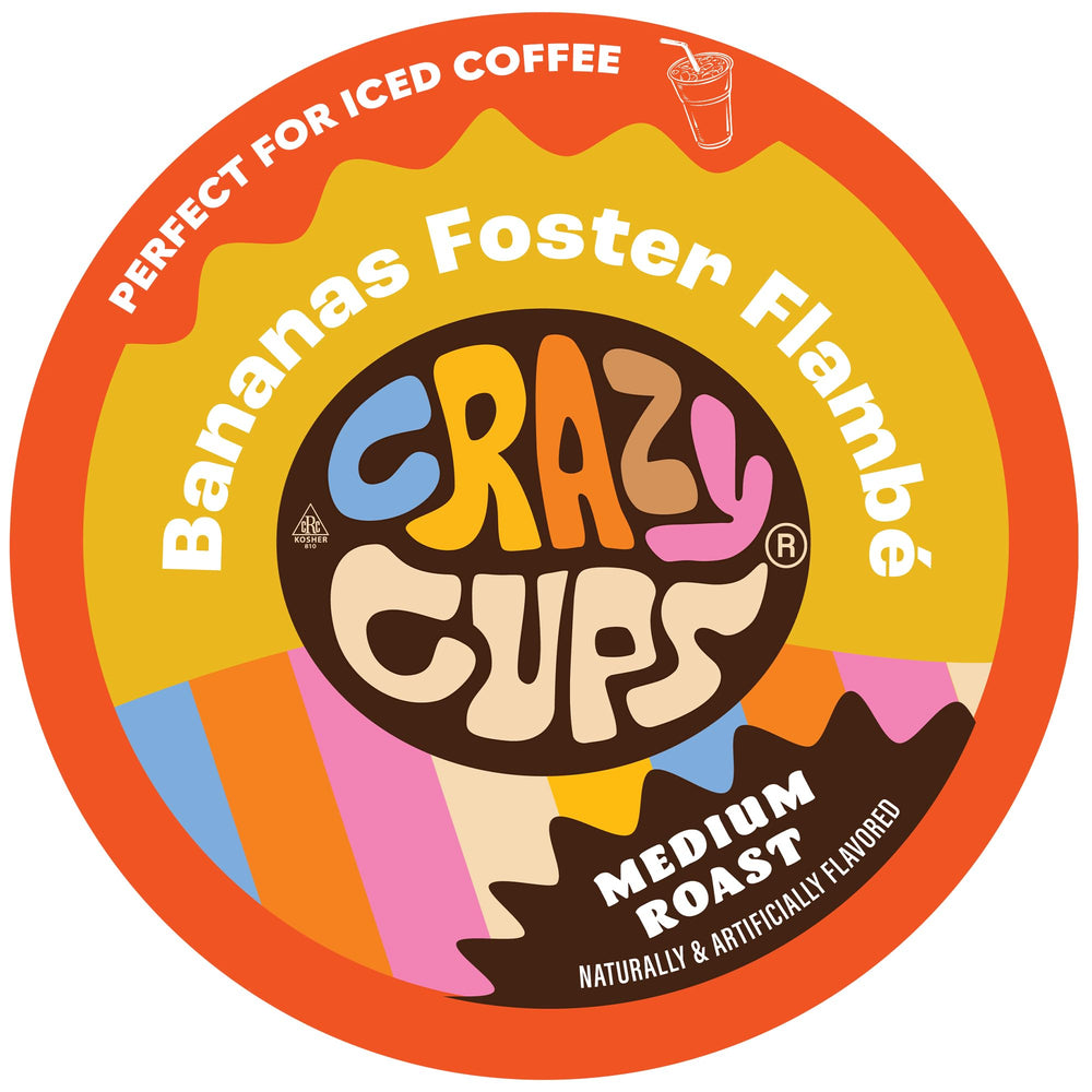 Crazy Cups front packaging showing Bananas Foster Flambe' and benefits