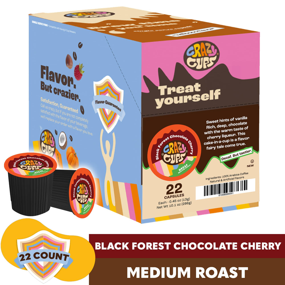 Crazy Cups brewed cup of black forest coffee showing rich crema and flavorful appeal
