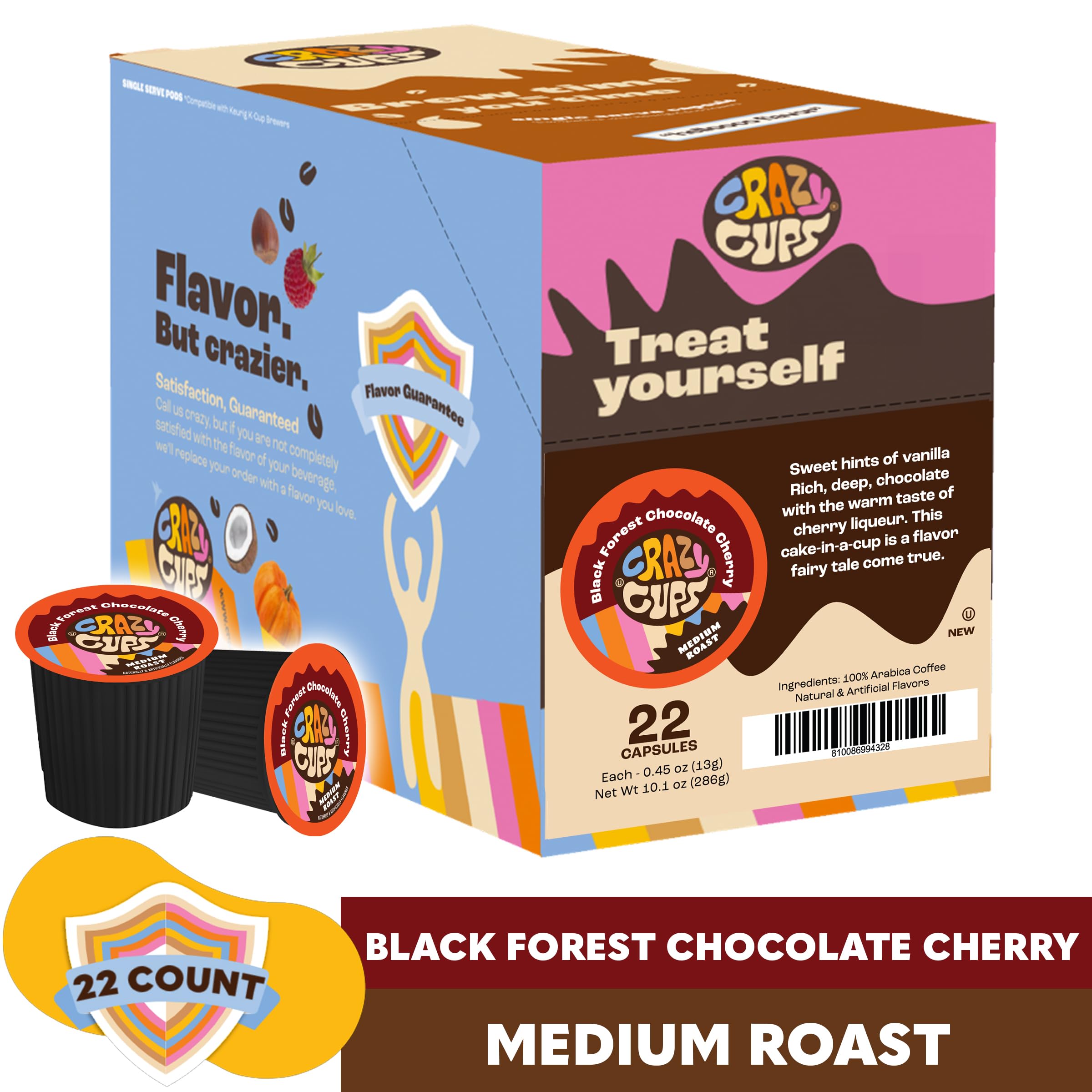Crazy Cups brewed cup with crema highlighting rich chocolate cherry flavor in each sip