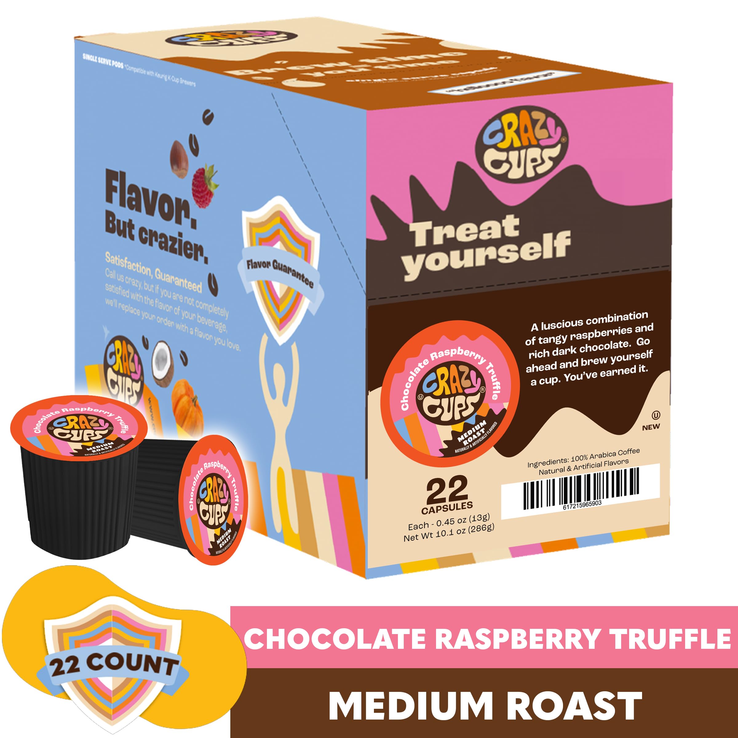 Crazy Cups brewed hot cup displaying rich aroma and dessert-like chocolate raspberry notes