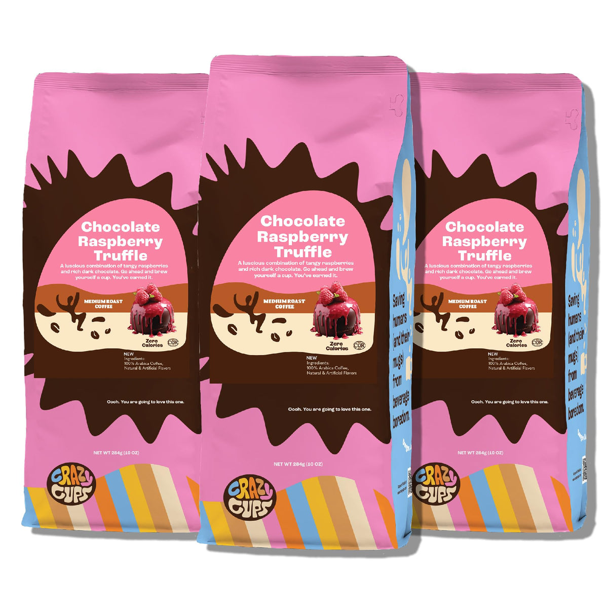 Crazy Cups front packaging showing chocolate raspberry flavor and 3-pack benefits