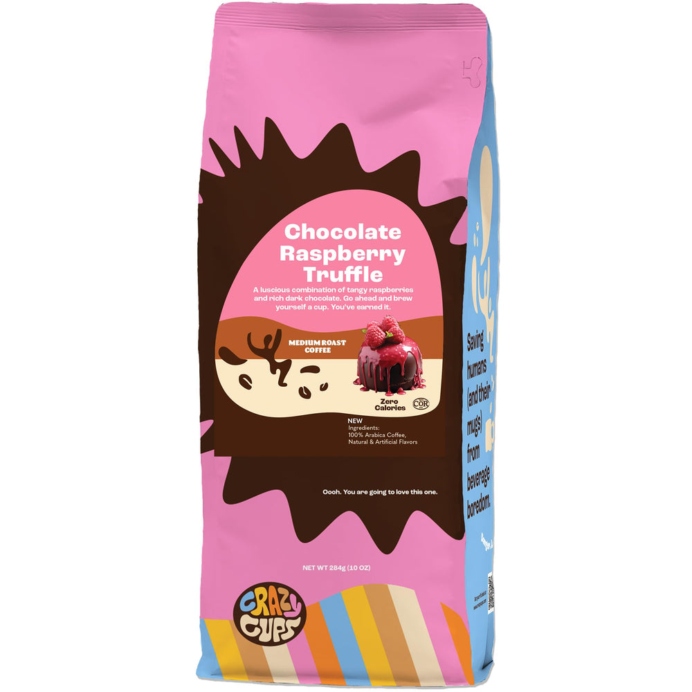 Crazy Cups front packaging showing chocolate raspberry flavor and benefits