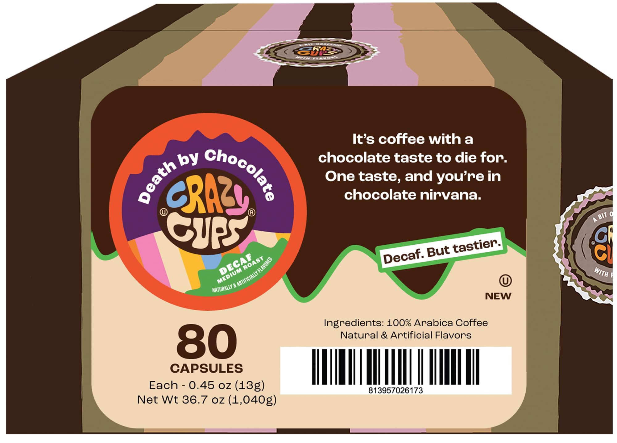 Crazy Cups pod top label close-up highlighting compatibility and easy single-serve convenience