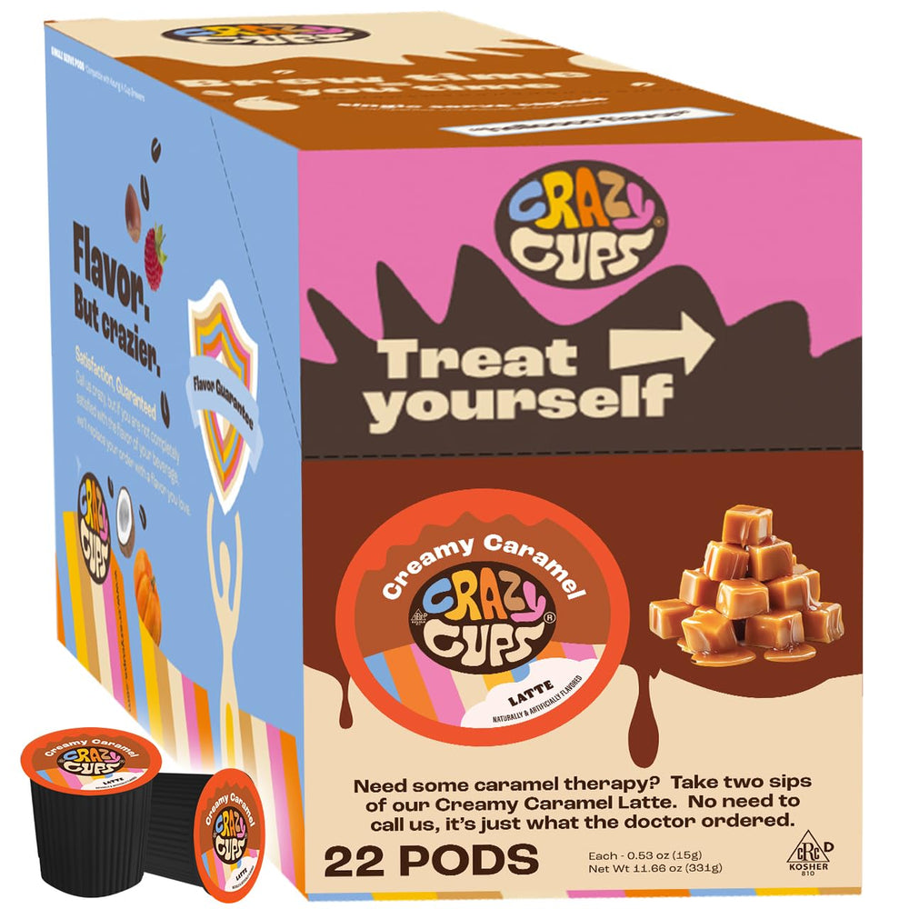 Crazy Cups front packaging showing 22-count pods and caramel latte benefit