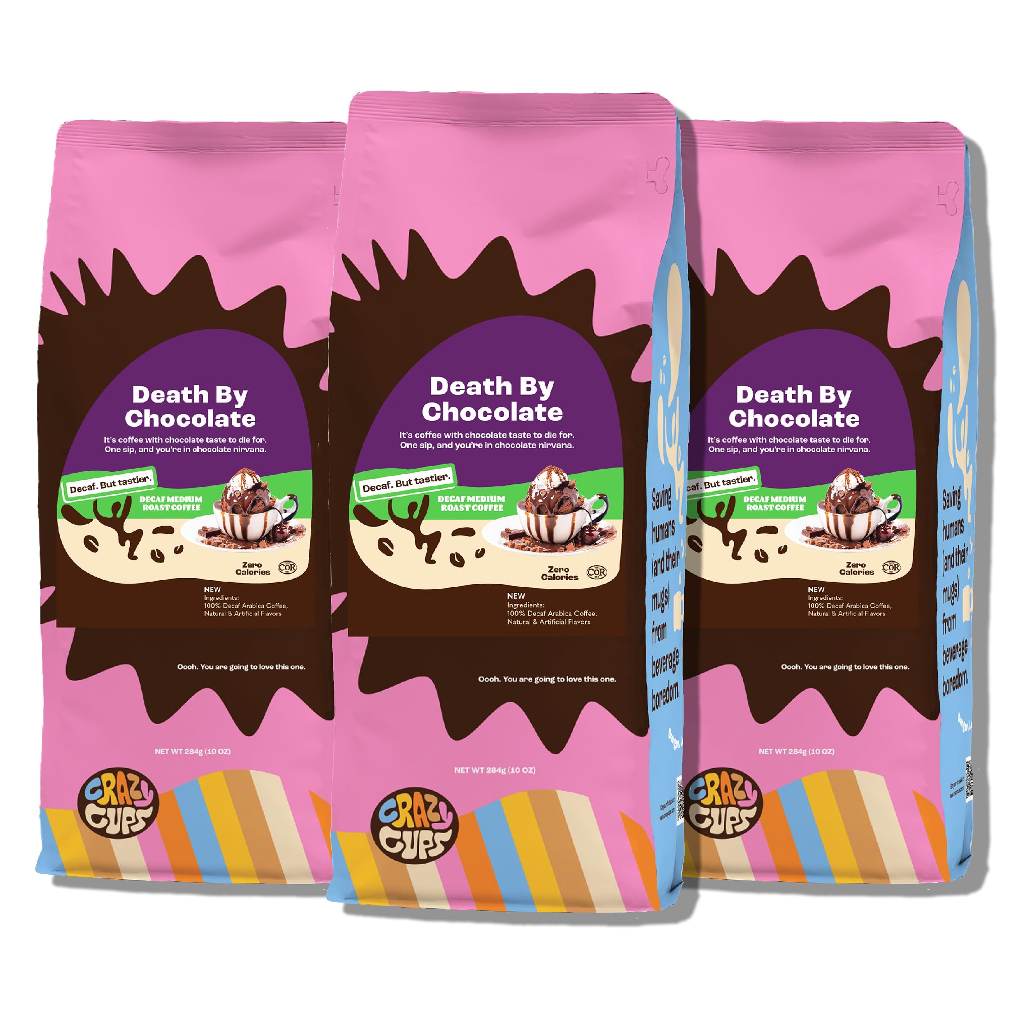 Crazy Cups front packaging showing decaf Death by Chocolate and clear labeling for dessert flavor