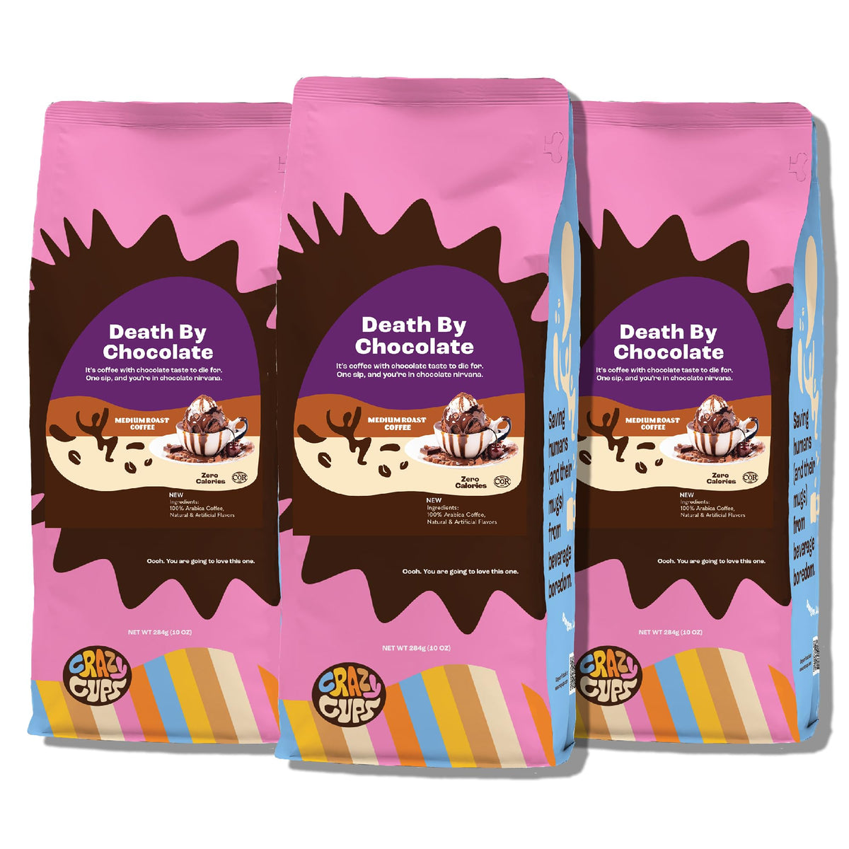 Crazy Cups front packaging showing 10 oz bag and rich chocolate appeal