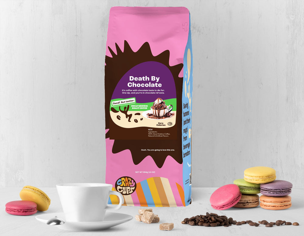 Crazy Cups close-up of ground coffee texture highlighting chocolate-rich aroma and smooth body