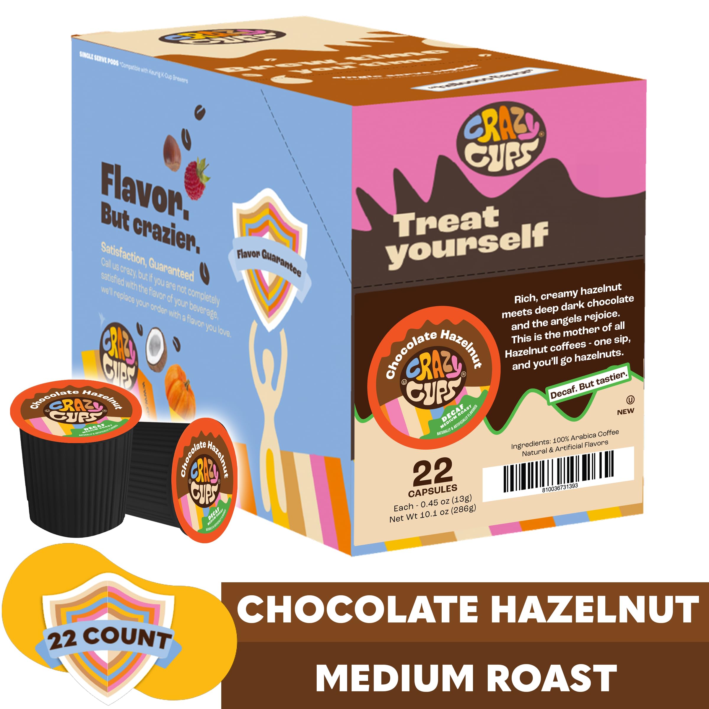 Fresh brewed Crazy Cups decaf hazelnut cup showcasing smooth medium-roast flavor